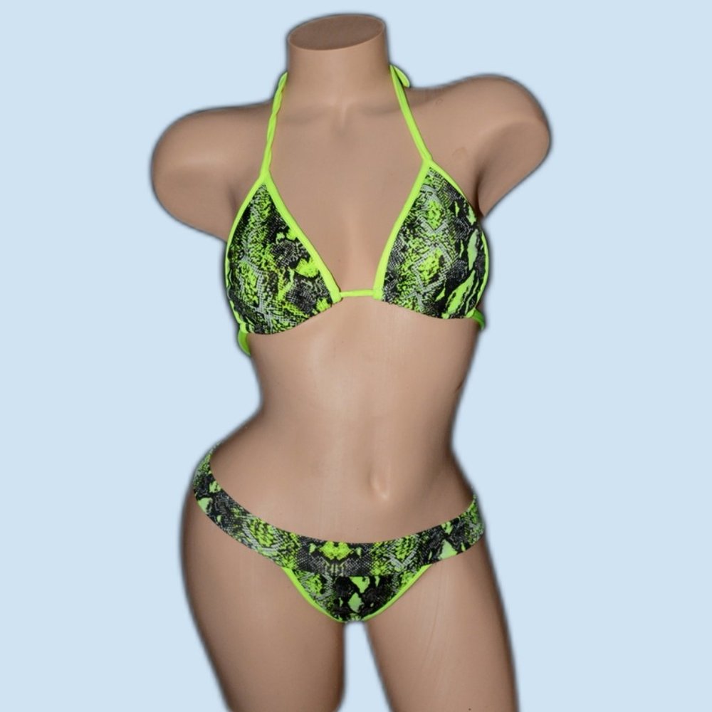 Fluorescent Neon Yellow Snakeskin Print Triangle Top Bikini Set